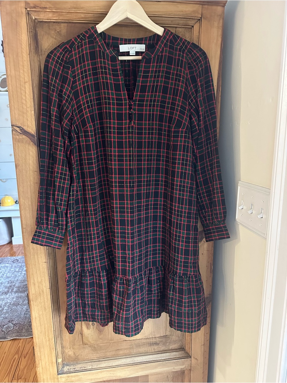 LOFT Black and Red Plaid Long-Sleeve Dress XS Petite